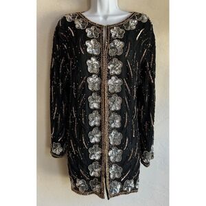Vintage Silk Sequin Beaded Evening Jacket Mini Dress XL Maximalist Gold Silver